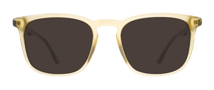 New Balance NB4164 square sunglasses with a translucent yellow crystal acetate frame, dark grey lenses and a classic keyhole bridge. Shown from the front against a white background.