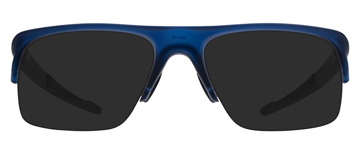 A bright blue pair of semi-rimless rectangular Oakley sunglasses made of plastic material. 