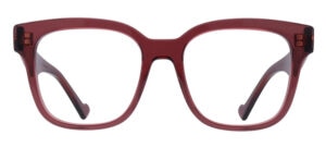 Oversized rectangular Gucci eyeglasses in transparent burgundy acetate, featuring gold metal branding along the temples for a bold, designer look.