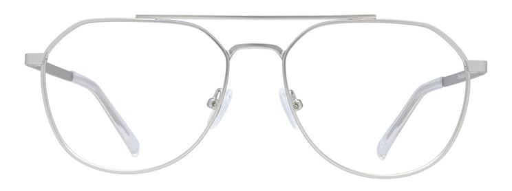 A pair of silver metal aviator sunglasses with clear nose pads and temple tips. 