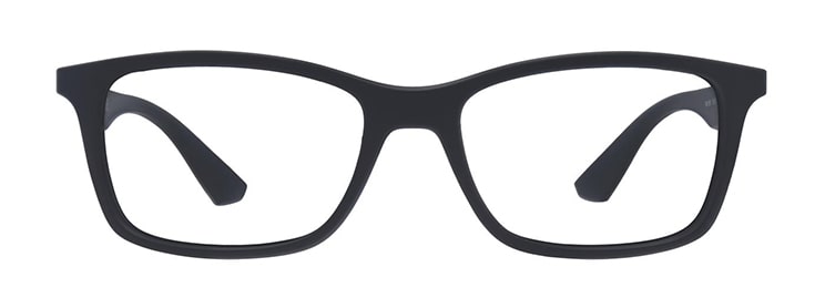 A large pair of black square Ray-Ban glasses, made of plastic. 