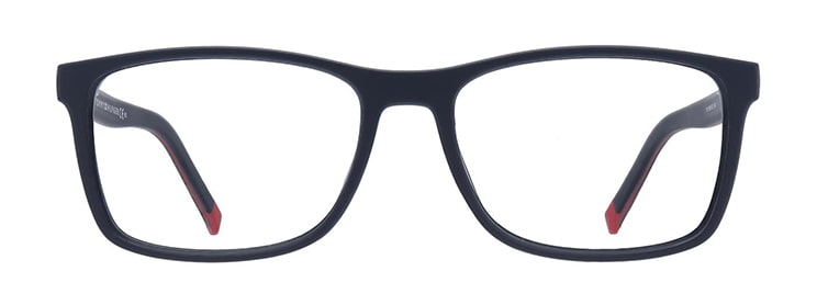 Tommy Hilfiger blue acetate rectangular glasses with red accents.