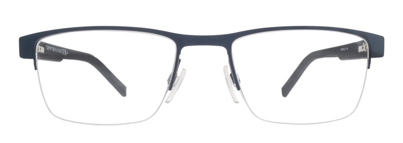 A pair of blue rectangular semi-rimless Tommy Hilfiger glasses.