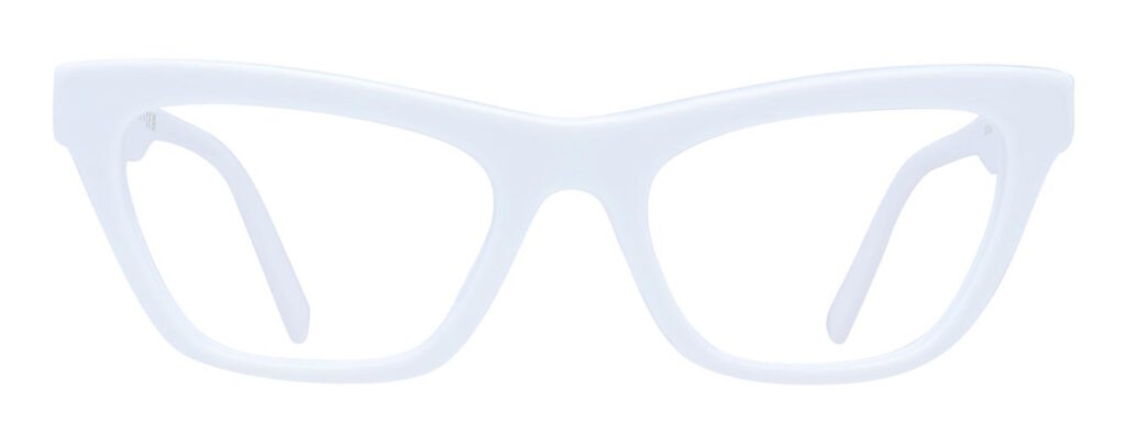 A chunky, white cat-eye frame