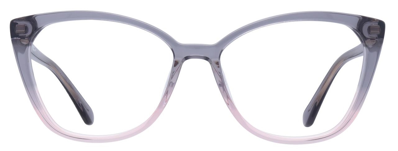 Small translucent pink and grey Kate Spade cat-eye glasses with a low-bridge fit.