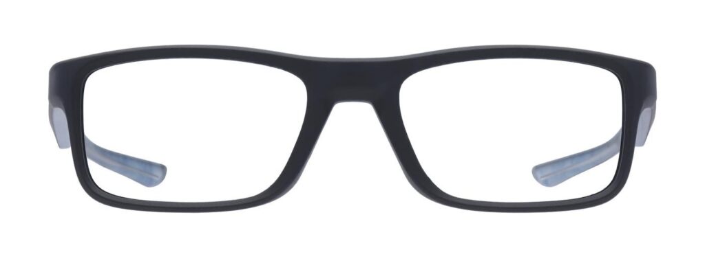 Oakley® Plank 2.0 rectangular glasses in satin black with blue temples.