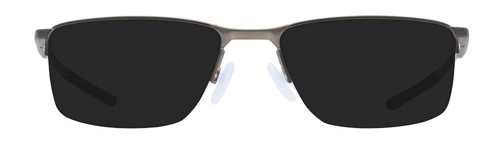 Semi-rimless rectangular Oakley sunglasses made of satin pewter metal. 