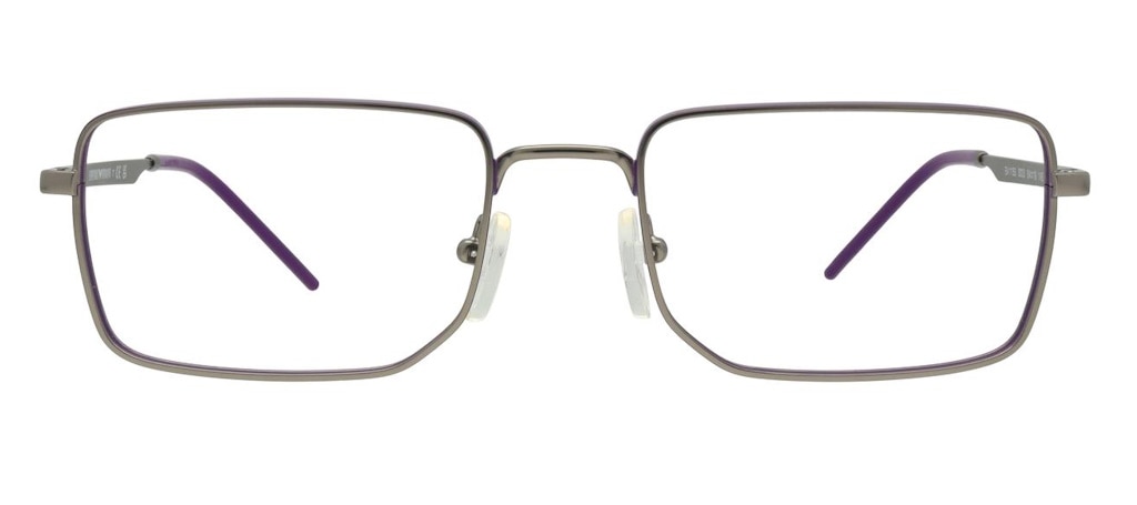 A grey metal glasses frame with rectangular lenses