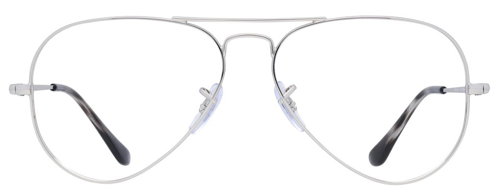 A pair of silver metal Ray-Ban Aviator glasses, featuring teardrop-shaped lenses and a signature double bridge. They are finished with black and white acetate temple tips.