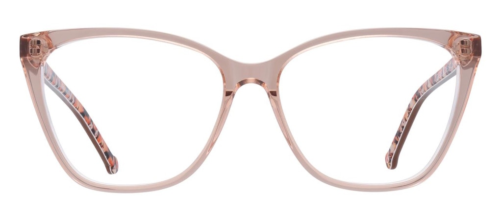 A light pink cat-eye frame with patterened arms