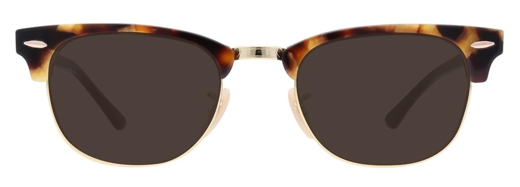 Classic Ray-Ban Clubmaster sunglasses with a red Havana acetate browline, gold detailing, and rubber nose pads.