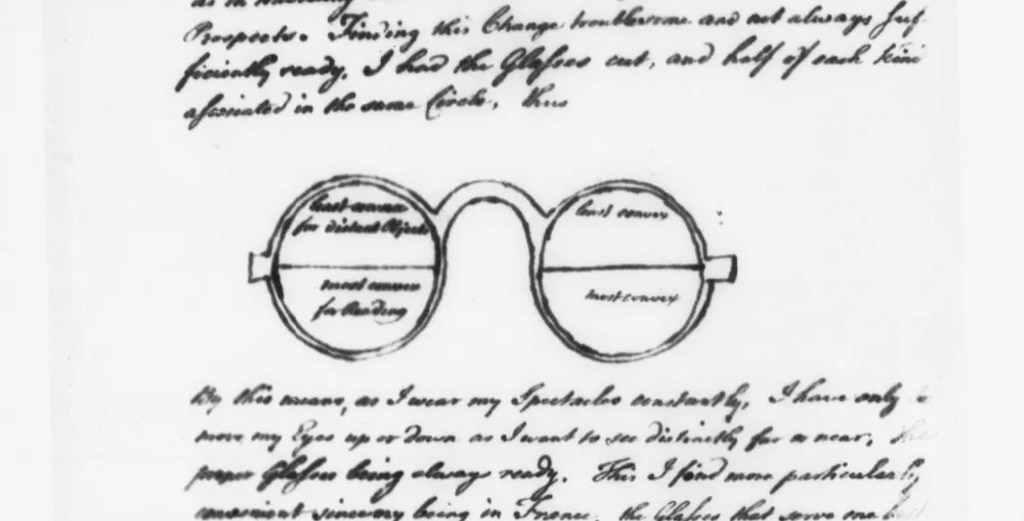 A snapshot from Benjamin Franklin's original manuscript proposing the idea of bifocal glasses, with an illustration of how they would work