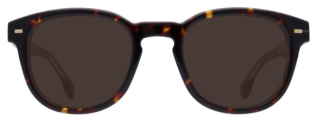 Thick tortoiseshell sunglasses with square lenses that are slightly rounded