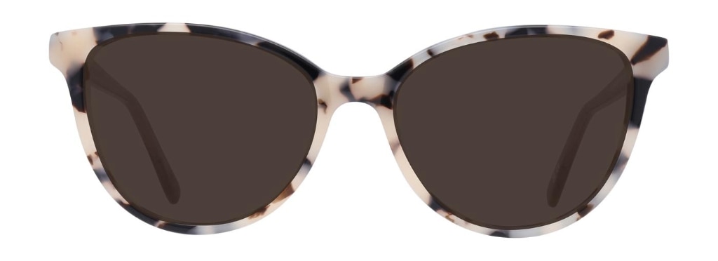 Cat-eye sunglasses made of sustainable materials with a milky mottle front and purple temples