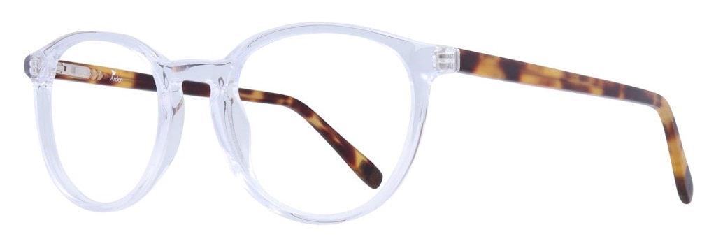 A round glasses frame with a transparent acetate front and tortoiseshell arms