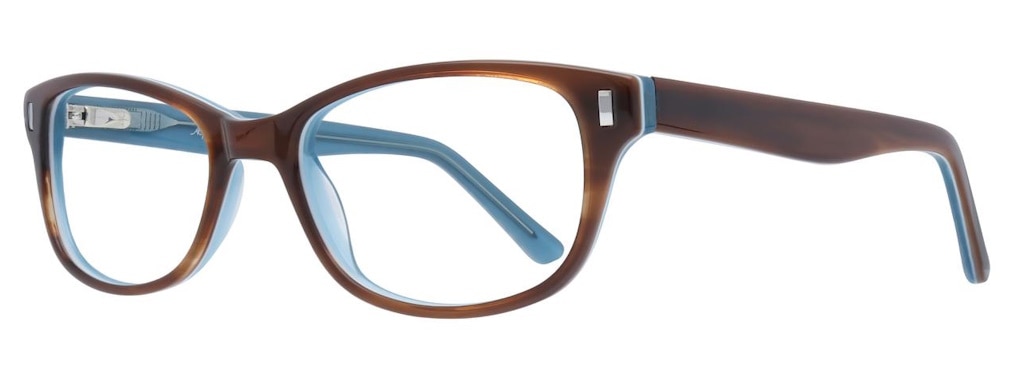 A glasses frame with oval lenses that is tortoiseshell on the outside and blue on the inside