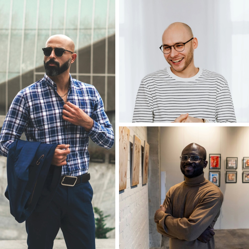 Collage of three stylish bald men of different skin tones wearing glasses. In the larger image, a man wears black Clubmaster sunglasses with a blue-and-white checked shirt, blue trousers, and a jacket draped over one arm in a bright urban setting. The top smaller image shows a white man in black round metal glasses and a striped long-sleeve shirt smiling in a bright white room, while the bottom image features a black man in metal aviator glasses and a brown turtleneck, standing confidently with arms crossed in an art gallery.