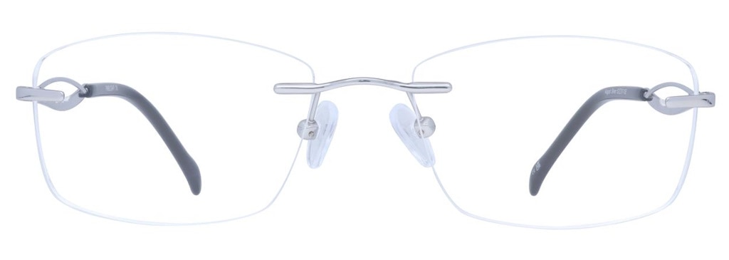 Rimless glasses with rectangular lenses and a nose bridge and arms made of silver metal