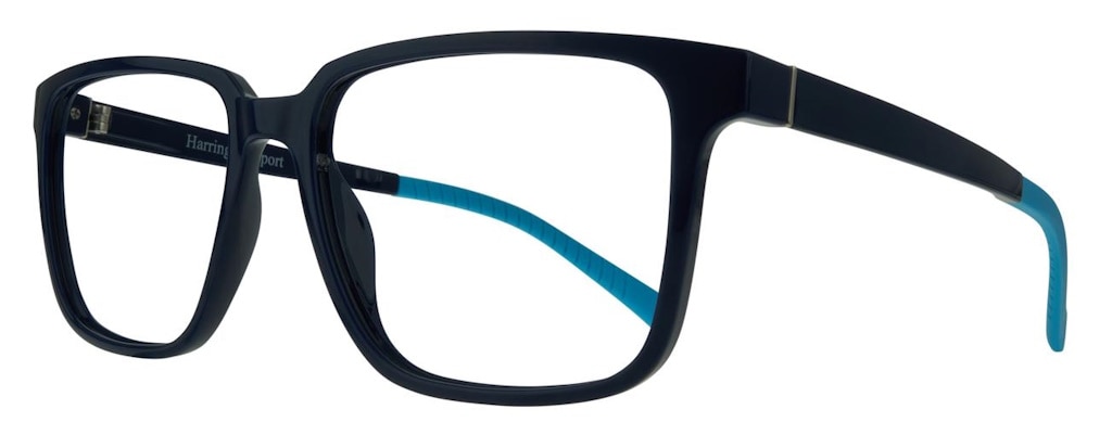 Black plastic frames with large square lenses and light blue rubber temple tips