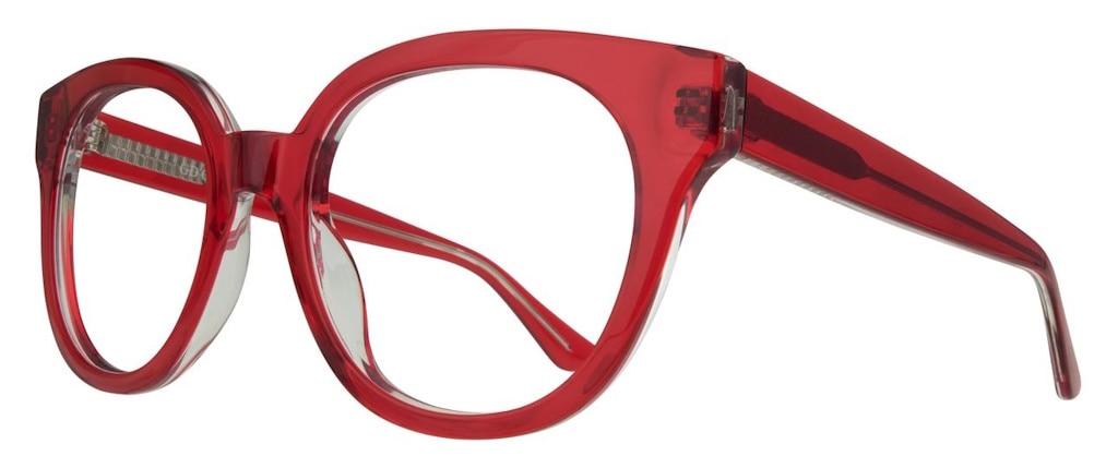 Cat-eye frames with rounded lenses, made of thick, shiny, transparent red acetate