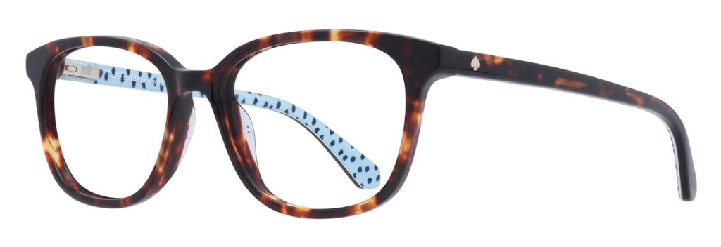 Rounded cat-eye frames that are tortoiseshell on the front and outside, and light blue with black dots on the inside of the arms