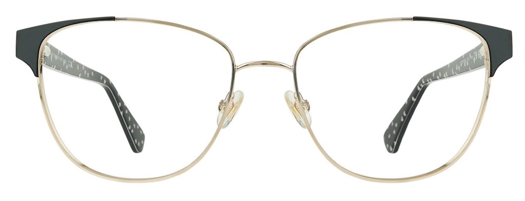 An understated cat-eye frame made of metal with corners of black acetate that merge into the temples