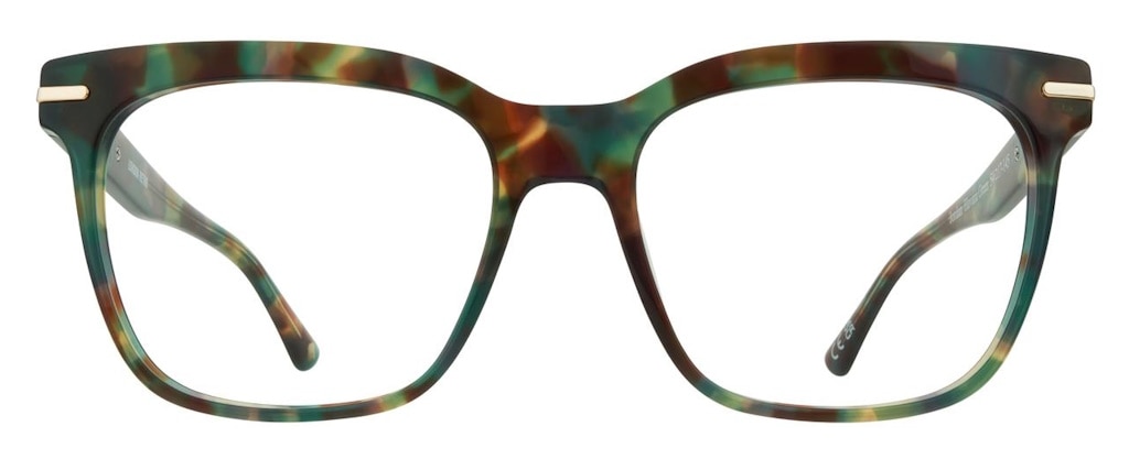 A square glasses frame made of green havana acetate