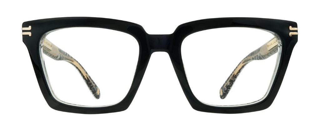 Marc Jacobs rectangular eyeglasses in black acetate, featuring a bold frame shape with signature double “JJ” gold metal detailing at the temples.