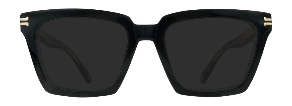 Large square black sunglasses with signature Marc Jacobs detailing along the temples.