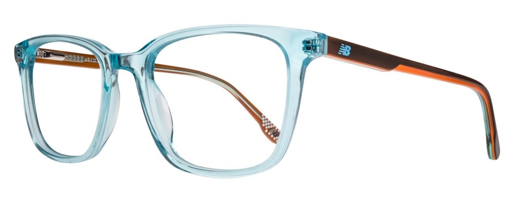 Square frames with a front made of transparent light blue acetate and orange arms