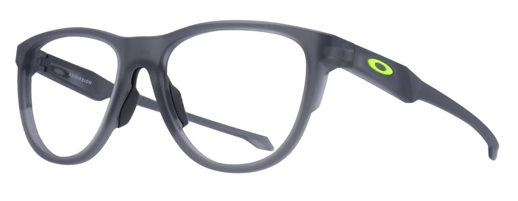 A pair of grey plastic frames with teardrop-shaped lenses and the Oakley logo in bright green at the temples