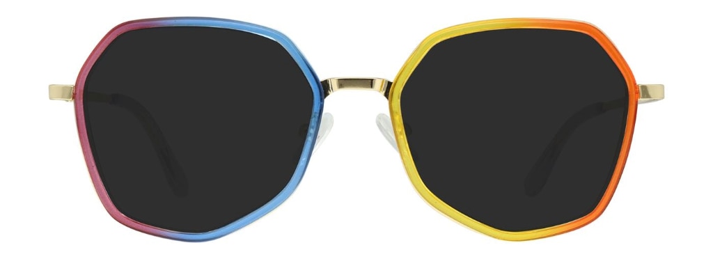 Bright rainbow-coloured geometric sunglasses made of metal.