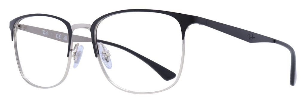 A sleek metal glasses frame with square lenses, a black browline and black arms