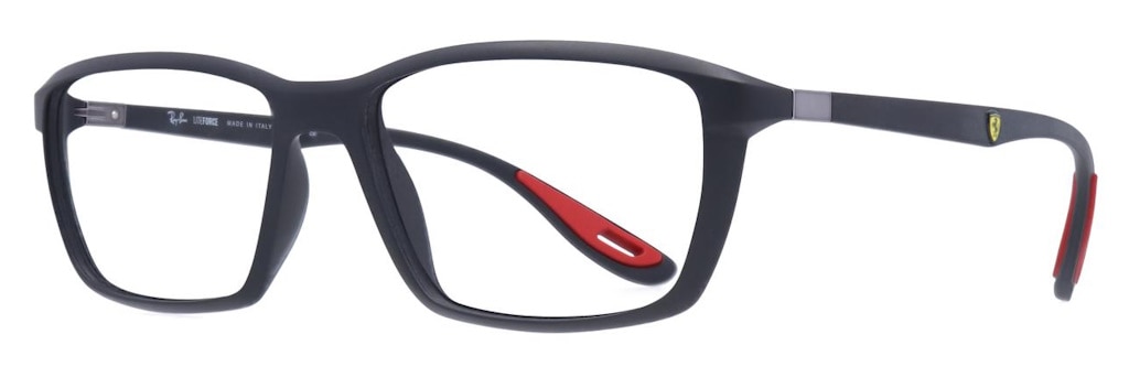 Rectangular black glasses frames with red temple tips and the Scuderia Ferrari logo on the side of the arms