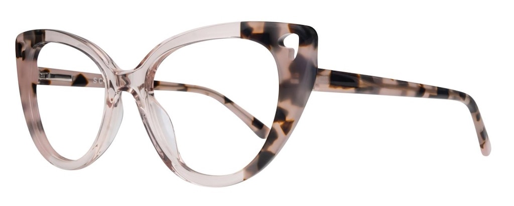 Cat-eye frames made of nude-coloured acetate with tortoiseshell corners and arms. The top corners also feature a small cut-out in the shape of an upside-down heart.