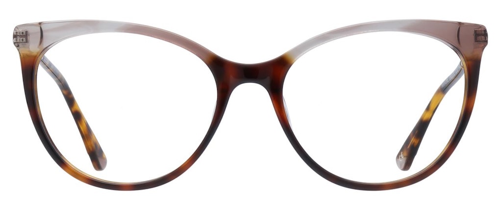 Cat-eye glasses with an acetate frame that is tortoiseshell at the bottom and fades to transparent at the top