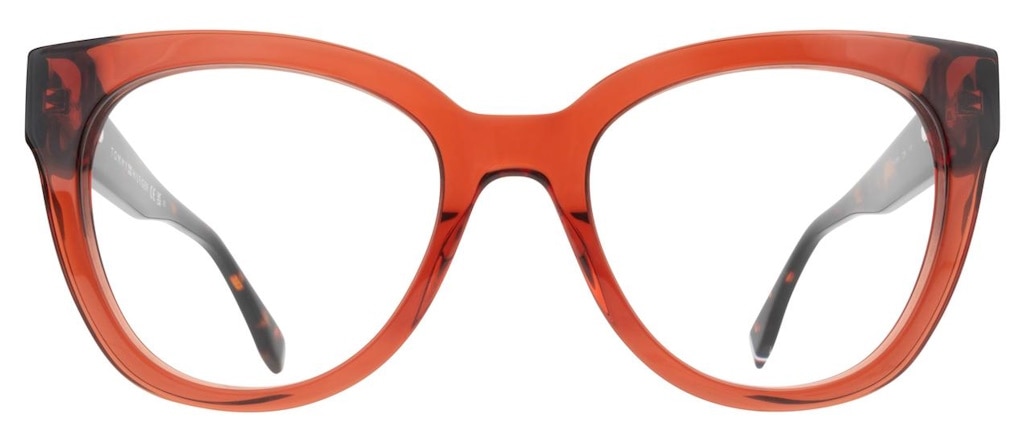 A thick cat-eye frame made of red acetate