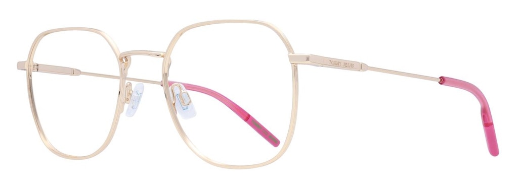 Gold metal frames with square lenses and pink temple tips