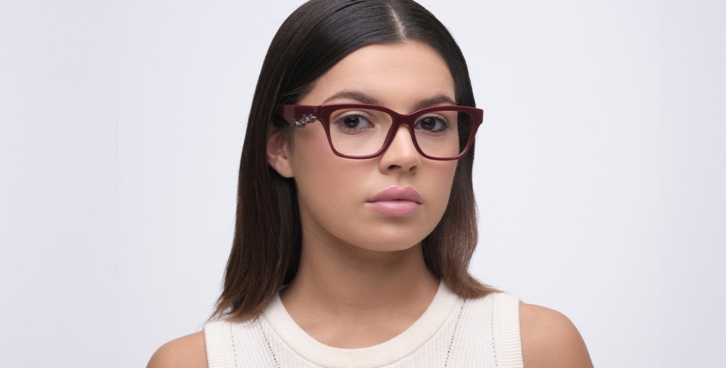 A woman with straight, dark brown hair going to her shoulders wearing dark red acetate frames