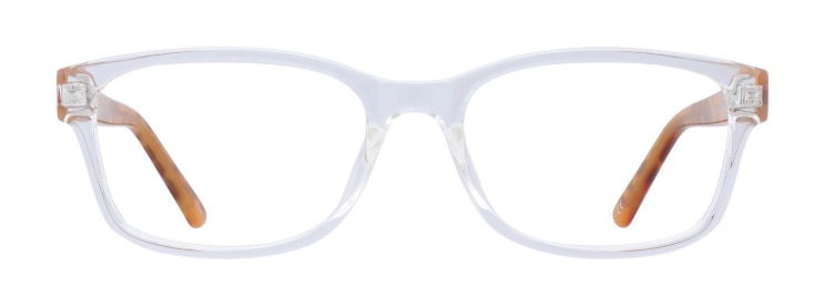 Rectangular transparent plastic frames with bright Havana temples.