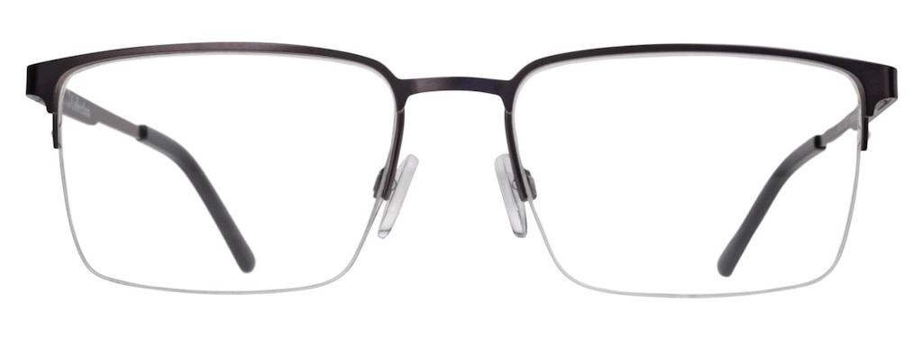 Semi-rimmed glasses with rectangular lenses and a thin dark metal brow