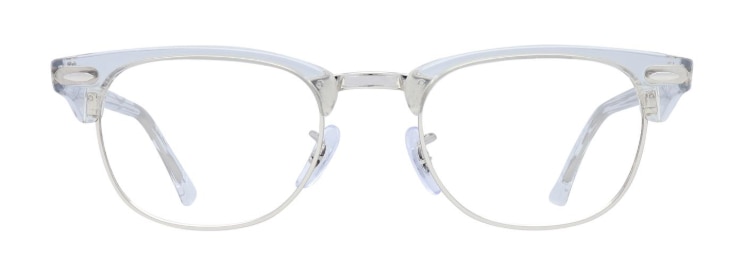 Classic Ray-Ban Clubmaster glasses with a transparent acetate top and metal around the lenses and along the nose bridge. It features adjustable rubber nose pads and signature pin detailing. 