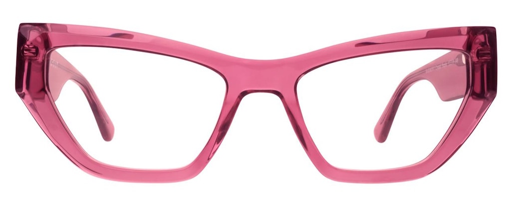 Cat-eye glasses made of thick, semi-transparent pink acetate