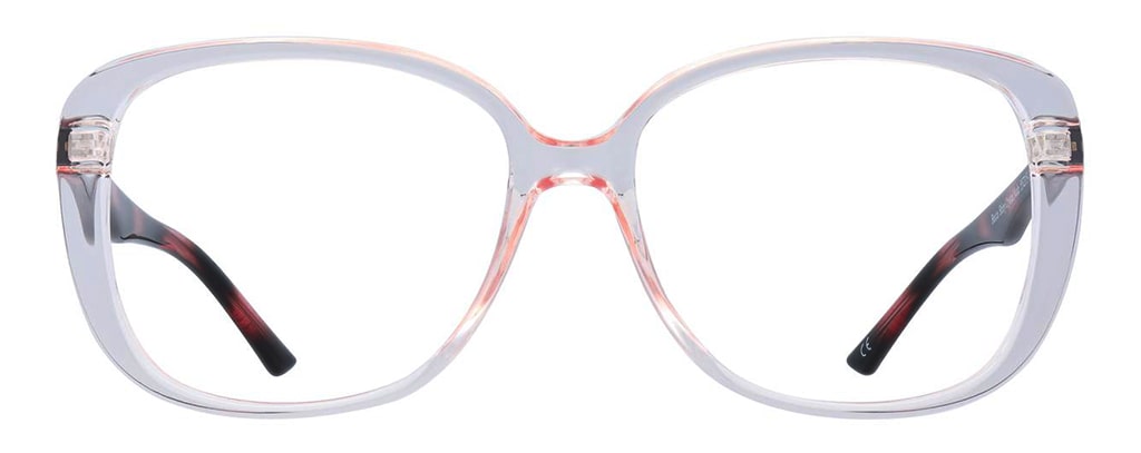 A pair of retro-style rounded square frames made of shiny crystal nude acetate with brown and black stripy temples.