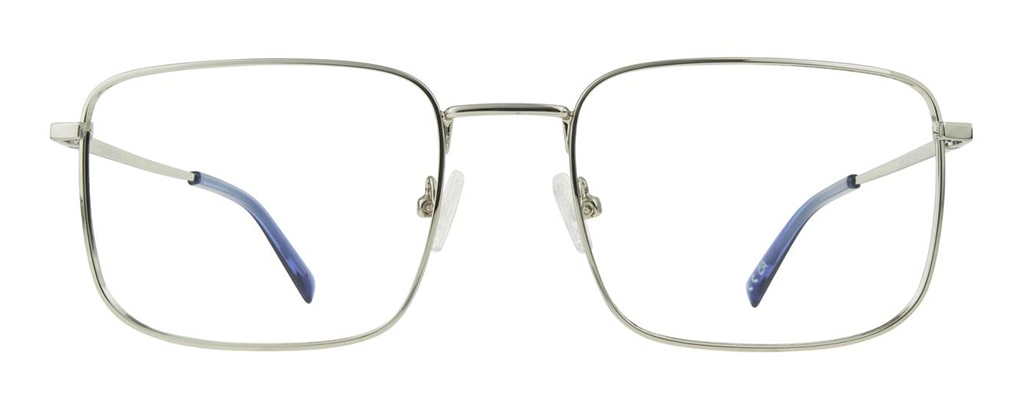 A pair of silver metal rectangular frames with blue plastic tips and rubber nose pads.