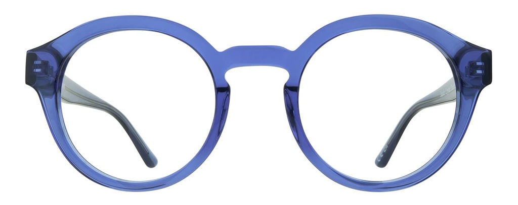 A pair of bright blue oversized round acetate glasses.