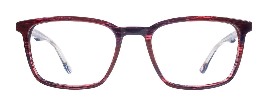 New Balance square glasses in red acetate with burgundy pattern detailing and black temples with red and clear accents.