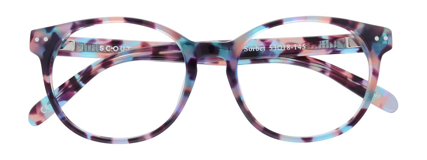 A large retro-style round acetate frame with a bright purple and blue tortoiseshell pattern. The frame is folded up. 