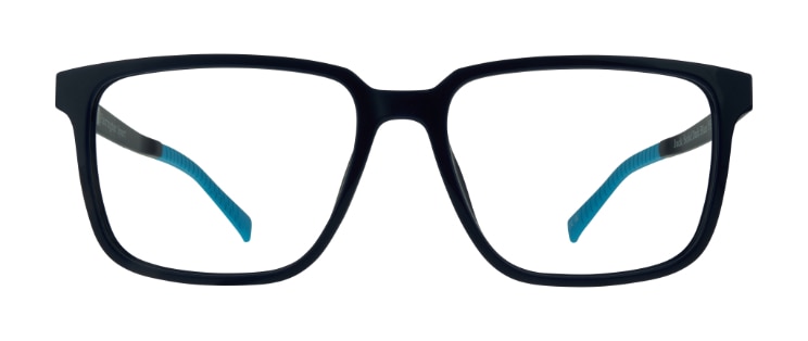 A sporty black rectangular frame made of eco-friendly bio-nylon. The tips are lined with bright blue rubber.