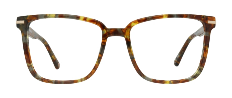 A large square frame in a bronze, brown and blue tortoiseshell colour, made of acetate with a classic metal bar detail along the temples. 